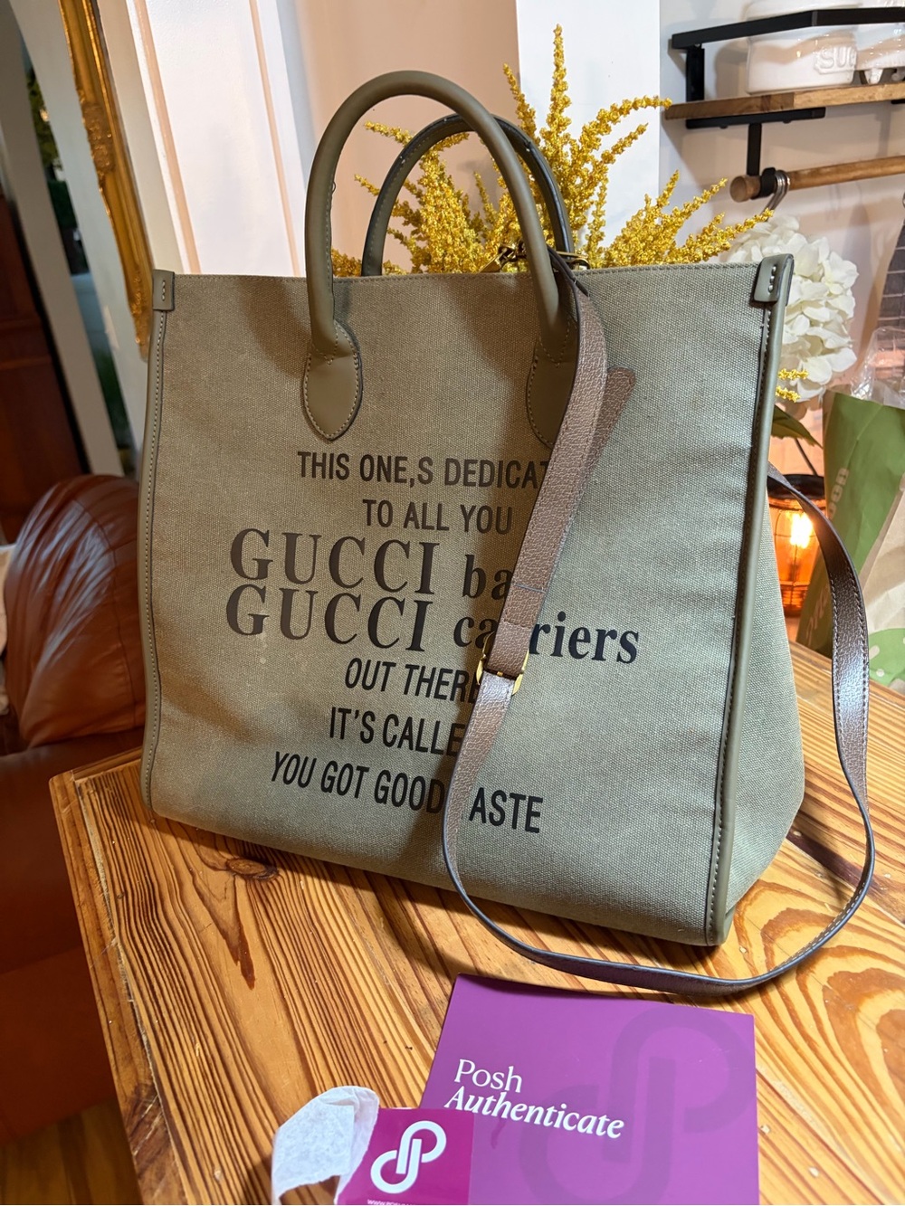 Gucci Olive Green Canvas Logo Tote with Brown Strap